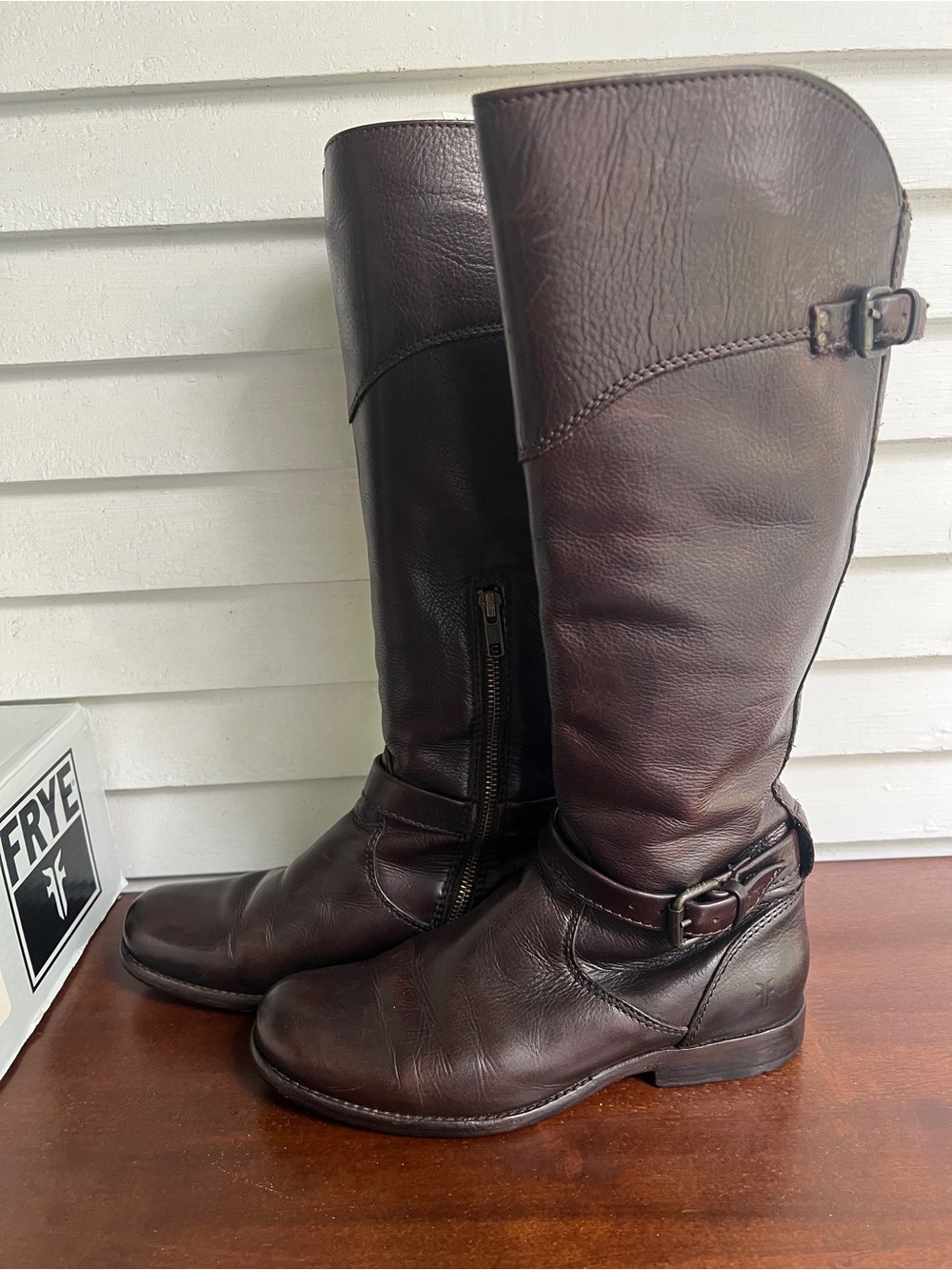 Frye Dark Brown Leather Tall Riding Boots with Buckle - Picture 6 of 8